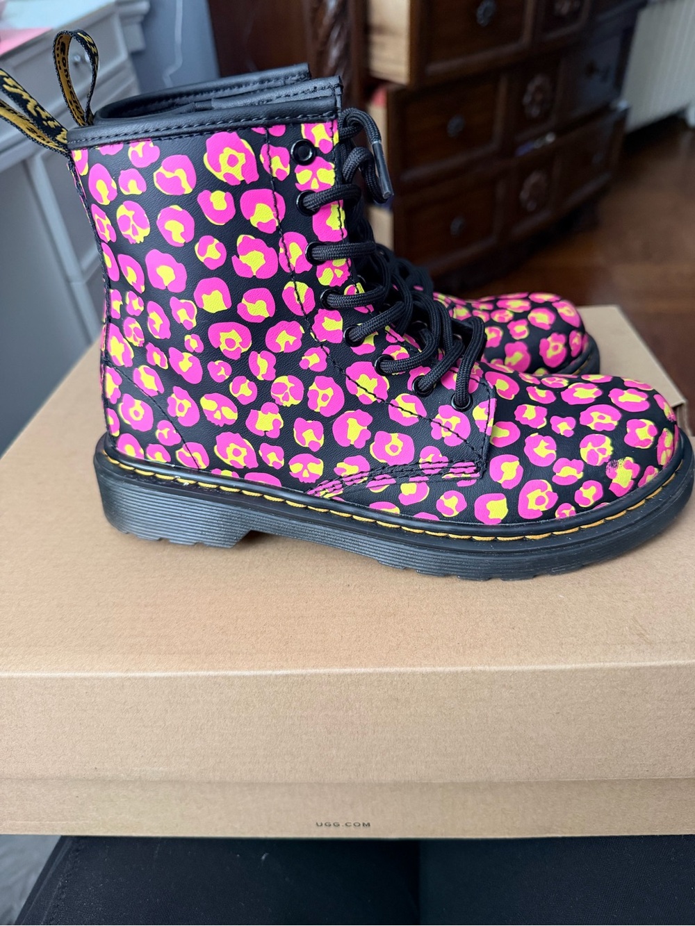 Dr. Martens Black Boots with Pink and Yellow Leopard Print
